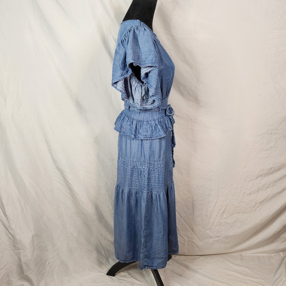 WISHLIST APPAREL Size Small Blu Chambray Denim Ruffled Flutter Sleeve Midi Dress - Picture 9 of 16